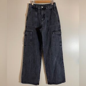 Shein Cargo Jeans Womens 2 Ash Black Wide Leg Streetwear Grungecore Denim